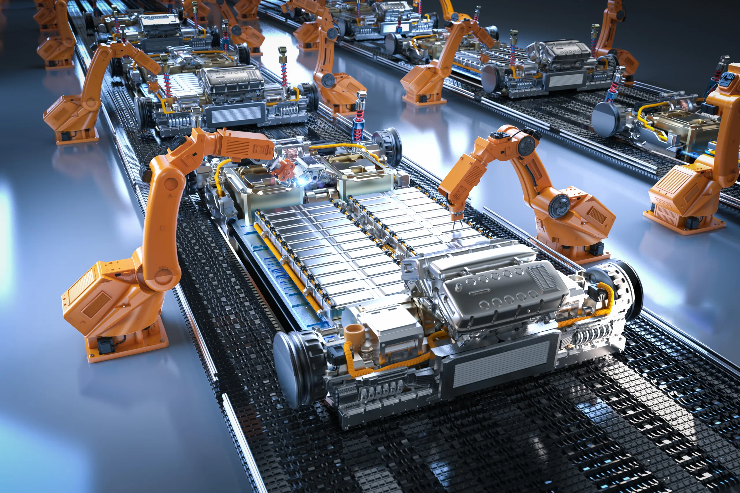 Automation automobile factory concept with 3d rendering robot assembly line with electric car battery cells module on platform