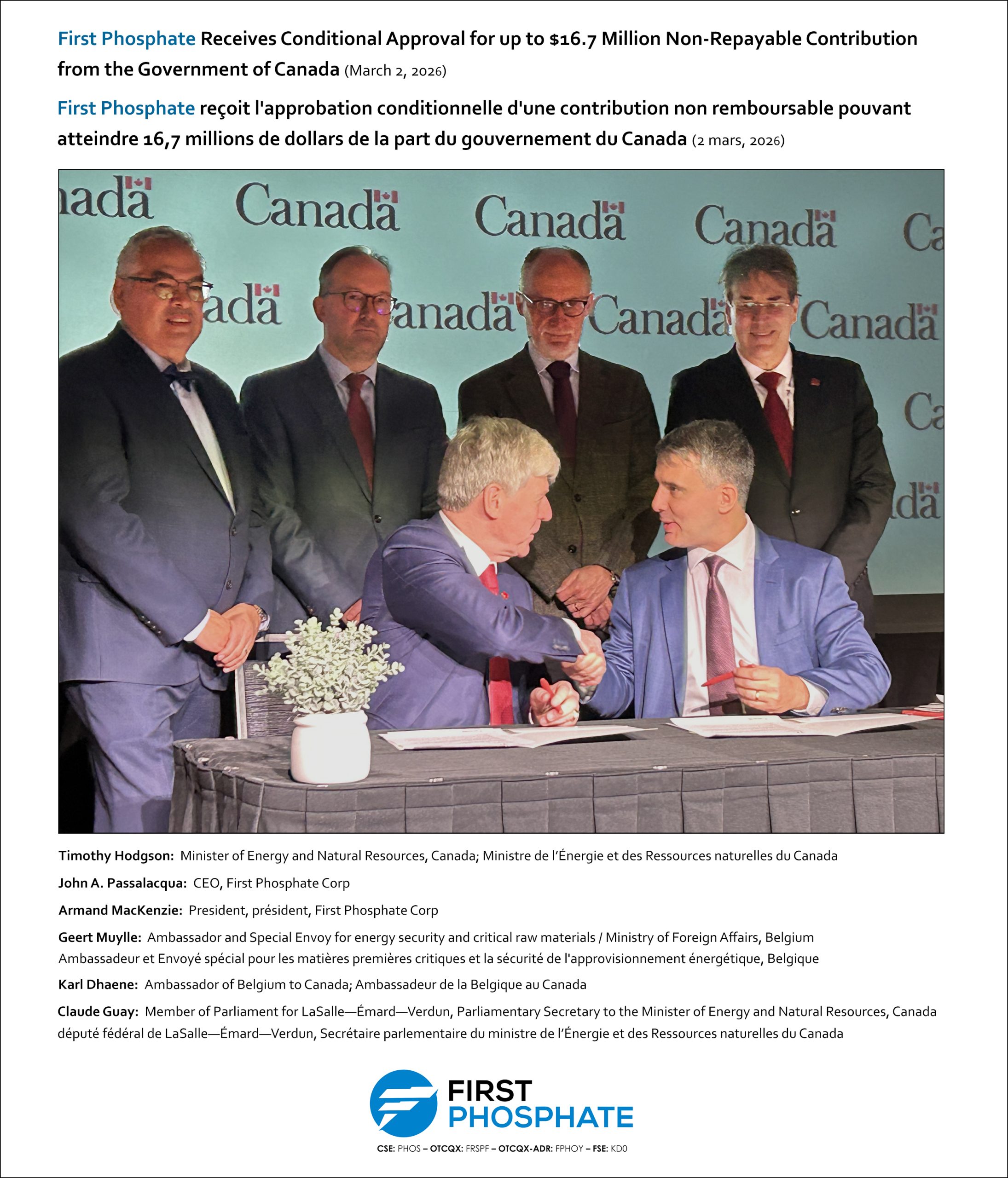 First Phosphate Receives Conditional Approval for up to $16.7 Million Non-Repayable Contribution from the Government of Canada
